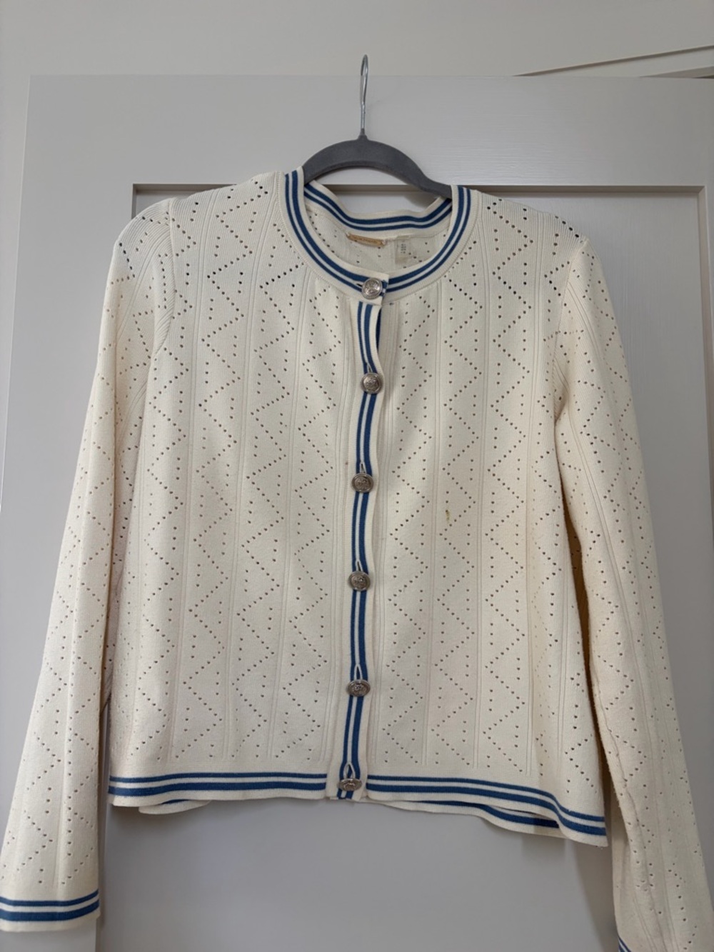 Elie Tahari Cream and Navy Striped Knit Sweater